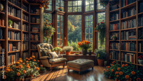 A cosy home library in the country house of a connoisseur who knows a lot about reading. It's summer outside, but inside it's cool, there's a comfortable chair, fresh flowers and many exciting books photo