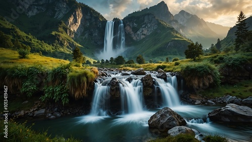 Majestic mountain landscape with waterfalls in a serene valley.