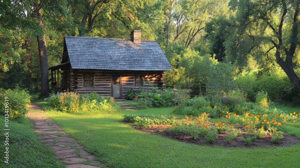 A charming rustic log cabin with a stone path leading to it, surrounded by a lush green garden with blooming flowers. A charming rustic log cabin with a stone path leading to it, surrounded by a lush green garden with blooming flowers.