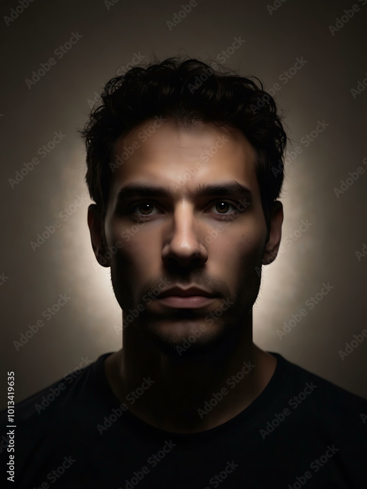 Man in dramatic lighting with half his face in shadow. Man in dramatic lighting with half his face in shadow.
