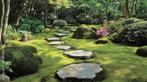 Stone Pathway Through a Tranquil Moss Garden