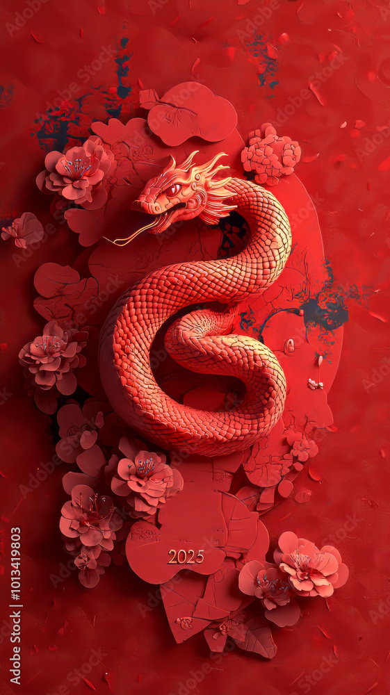 a golden snake in the middle, traditional Chinese Spring Festival elements on both sides, number a golden snake in the middle, traditional Chinese Spring Festival elements on both sides, number
