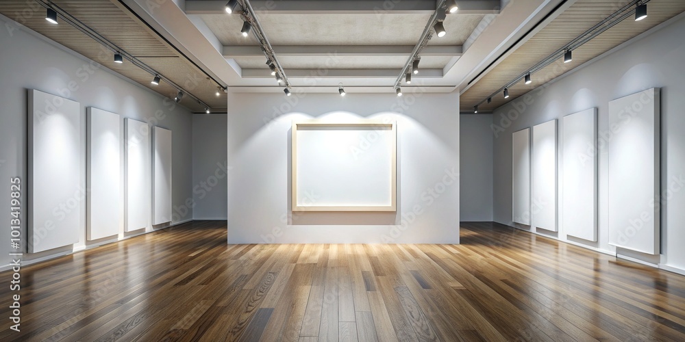 Obraz premium Elegant interior of a modern art gallery featuring a blank white frame on a crisp white wall amidst a minimalist atmosphere with wooden flooring.