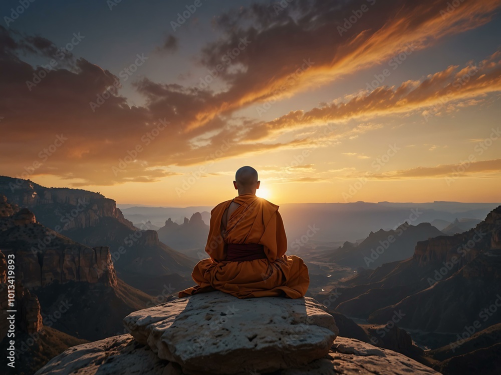 Meditative monk gazing at sunrise over canyon Meditative monk gazing at sunrise over canyon