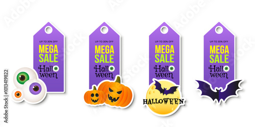 Halloween sale tag or label set with holiday elements. Design template for shopping sale, advertising. Vector illustration