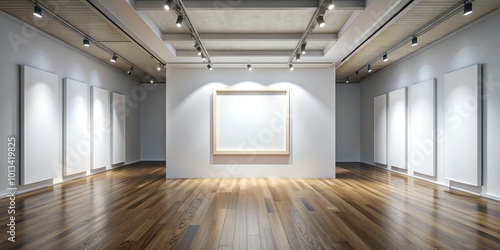 Elegant interior of a modern art gallery featuring a blank white frame on a crisp white wall amidst a minimalist atmosphere with wooden flooring.