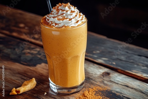 Fototapeta Naklejka Na Ścianę i Meble -  Pumpkin spice smoothie latte. Busty cocktail with whipped cream. Wooden background. 