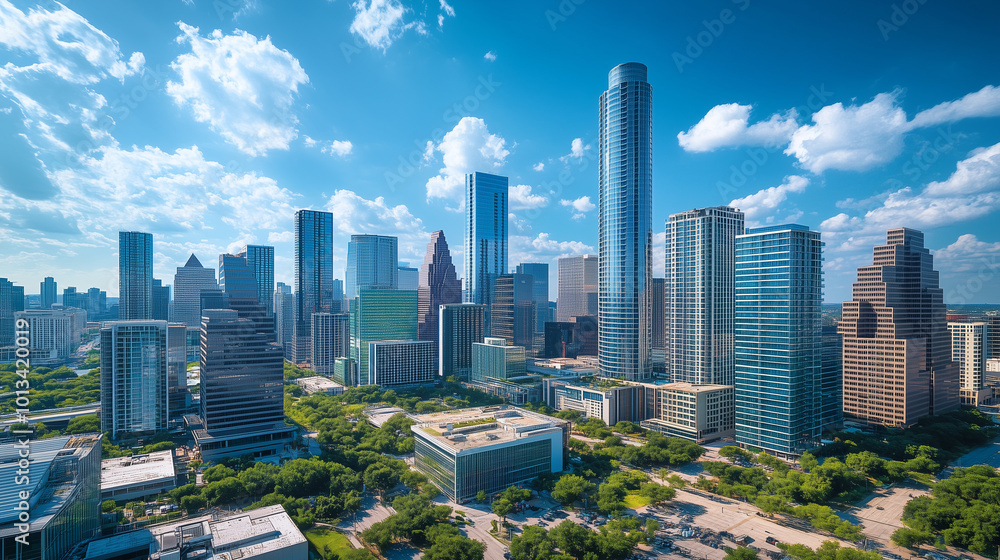 Obraz premium City Skyline and Skyscrapers Under Blue Sky and White Clouds Aerial View
