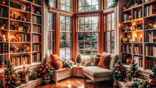 A cosy home library in a country house of a connoisseur knows the taste for reading It's frosty winter outside but inside everything is ready for Xmas Xmas trees warm lamplight and many exciting books
