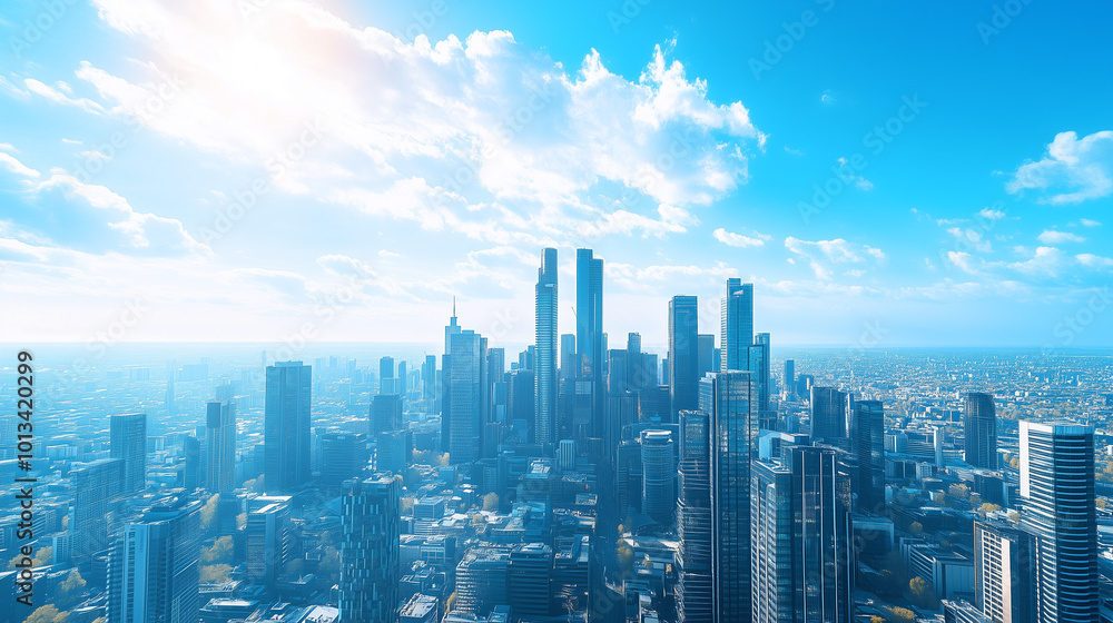 City Skyline and Skyscrapers Under Blue Sky and White Clouds Aerial View City Skyline and Skyscrapers Under Blue Sky and White Clouds Aerial View