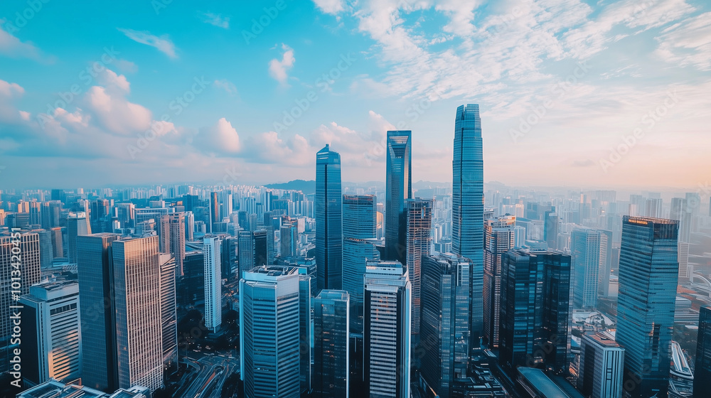 Fototapeta premium City Skyline and Skyscrapers Under Blue Sky and White Clouds Aerial View