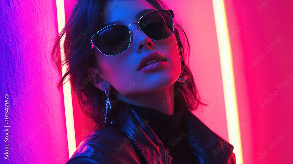 Stylish Woman in Neon Glow Wearing Retro Glasses and Leather Jacket Stylish Woman in Neon Glow Wearing Retro Glasses and Leather Jacket
