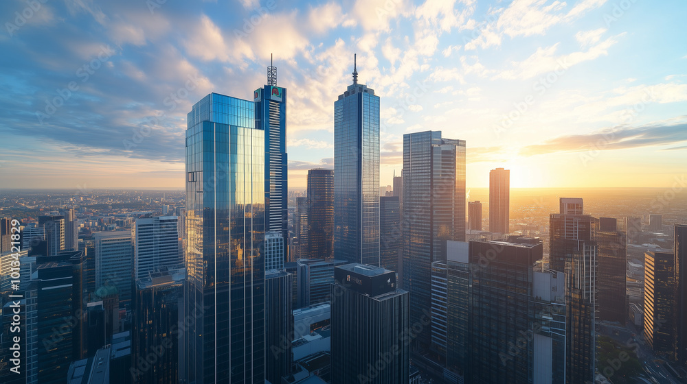 Obraz premium Aerial View of City Skyline and High-Rise Buildings Under Blue Sky and White Clouds
