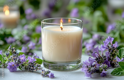 A single candle with a flame burns brightly surrounded by lavender flowers.