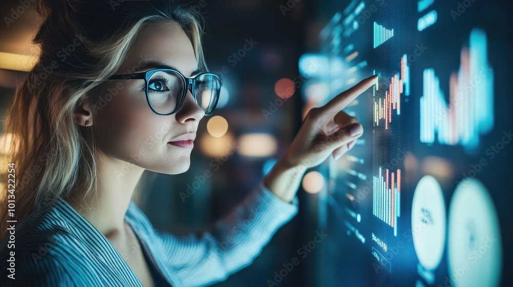 Business Woman Presenting Data on Digital Touch Screen in Night Conference Business Woman Presenting Data on Digital Touch Screen in Night Conference