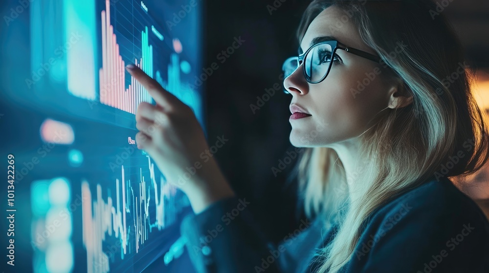 Business Woman Presenting Data on Digital Touch Screen in Night Conference Business Woman Presenting Data on Digital Touch Screen in Night Conference