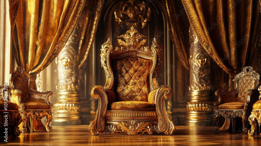 opulent golden throne with intricate detailing, placed in a lavish room with rich velvet drapes and golden accents opulent golden throne with intricate detailing, placed in a lavish room with rich velvet drapes and golden accents