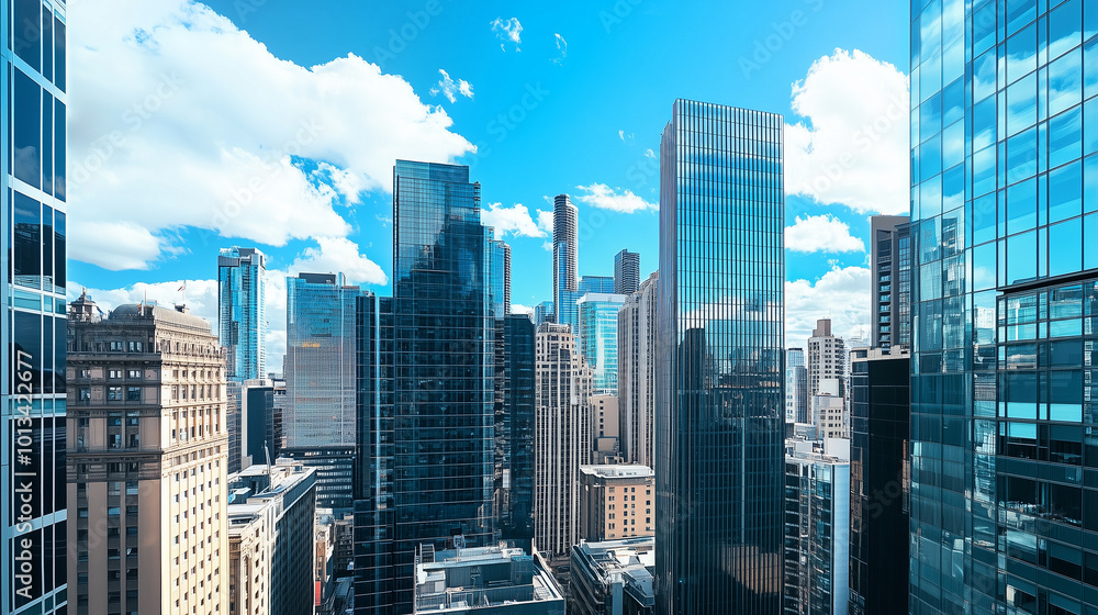 Obraz premium Aerial View of City Skyline and High-Rise Buildings Under Blue Sky and White Clouds