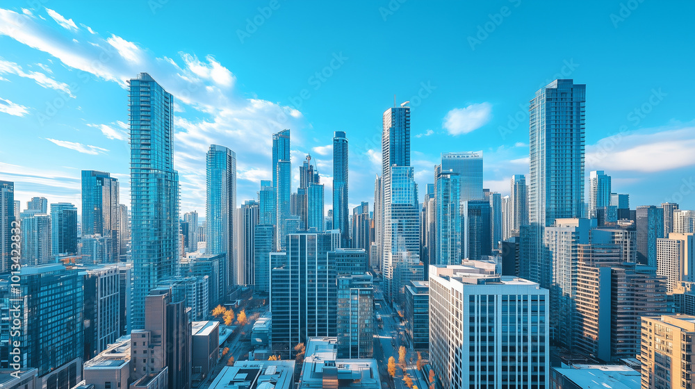 Obraz premium Aerial View of City Skyline and High-Rise Buildings Under Blue Sky and White Clouds