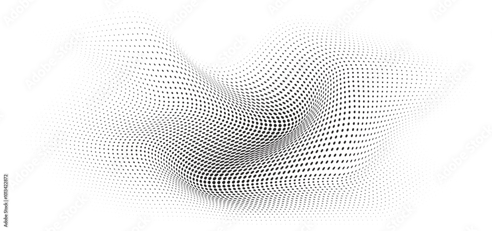 Flowing Wave Dot Halftone Pattern: Curve Gradient Shape on Transparent Background. Suitable for AI, Tech, Network, Digital, Science, and Technology Themes. Flowing Wave Dot Halftone Pattern: Curve Gradient Shape on Transparent Background. Suitable for AI, Tech, Network, Digital, Science, and Technology Themes.