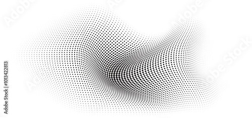 Flowing Wave Dot Halftone Pattern: Curve Gradient Shape on Transparent Background. Suitable for AI, Tech, Network, Digital, Science, and Technology Themes.