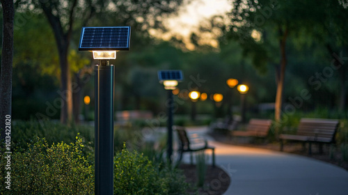 Solar lamp glowing on street at night  