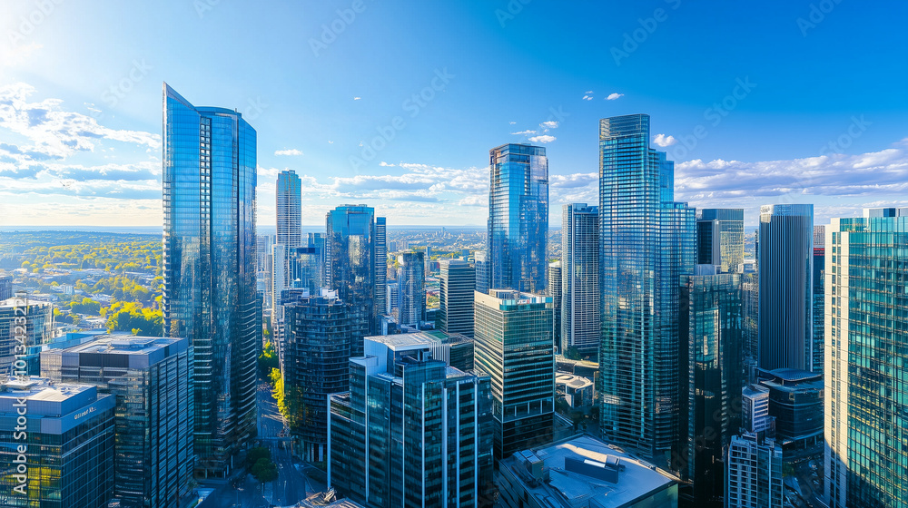 Fototapeta premium Aerial View of City Skyline and High-Rise Buildings Under Blue Sky and White Clouds