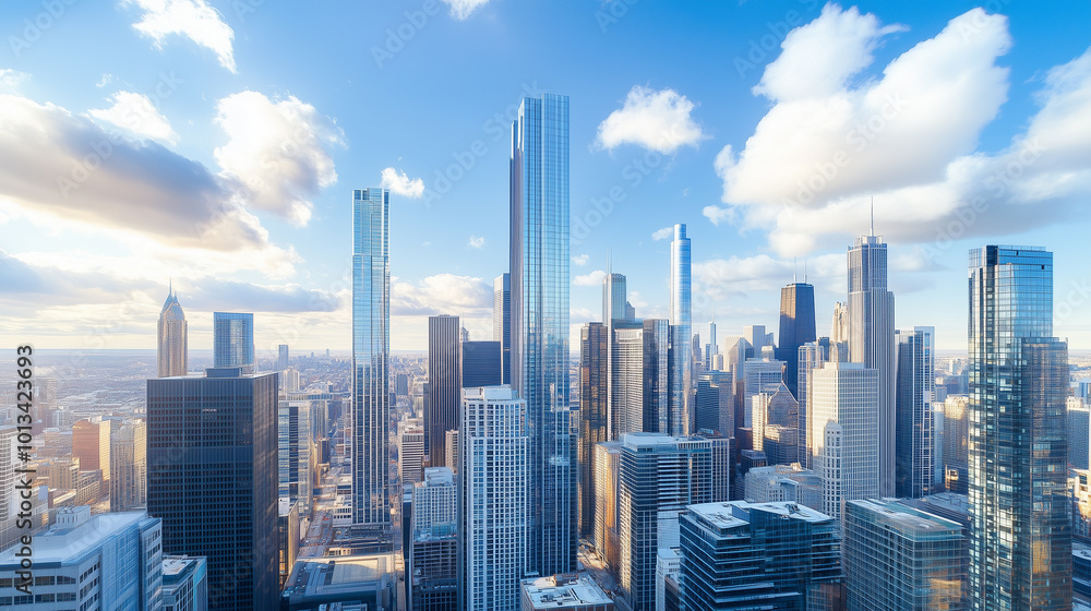 Fototapeta premium Aerial View of City Skyline and High-Rise Buildings Under Blue Sky and White Clouds
