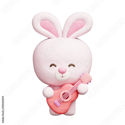 3D cute rabbit playing guitar, Cartoon animal character, 3D rendering.