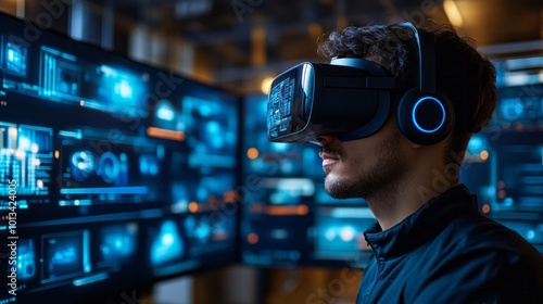 Man Wearing VR Headset Immersed in Digital World