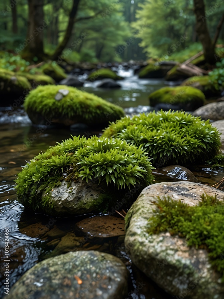Moss-covered gray stones in a tranquil landscape, radiating natural beauty. Moss-covered gray stones in a tranquil landscape, radiating natural beauty.