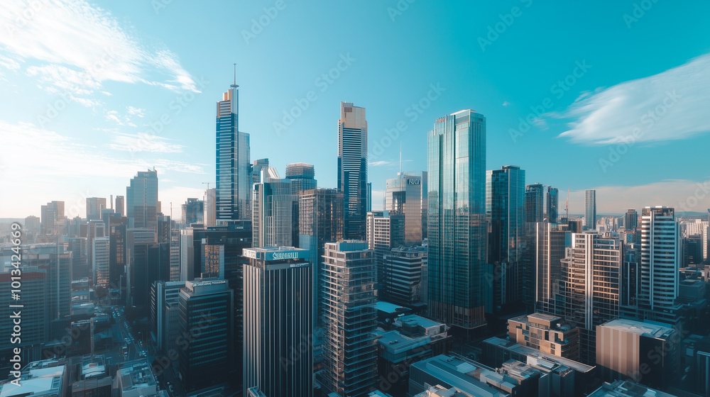 Fototapeta premium City Skyline and Skyscrapers Under Blue Sky and White Clouds Aerial View