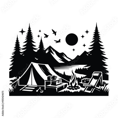 A camping illustration showcasing a tent nestled in front of a towering mountain, capturing the essence of outdoor adventure.