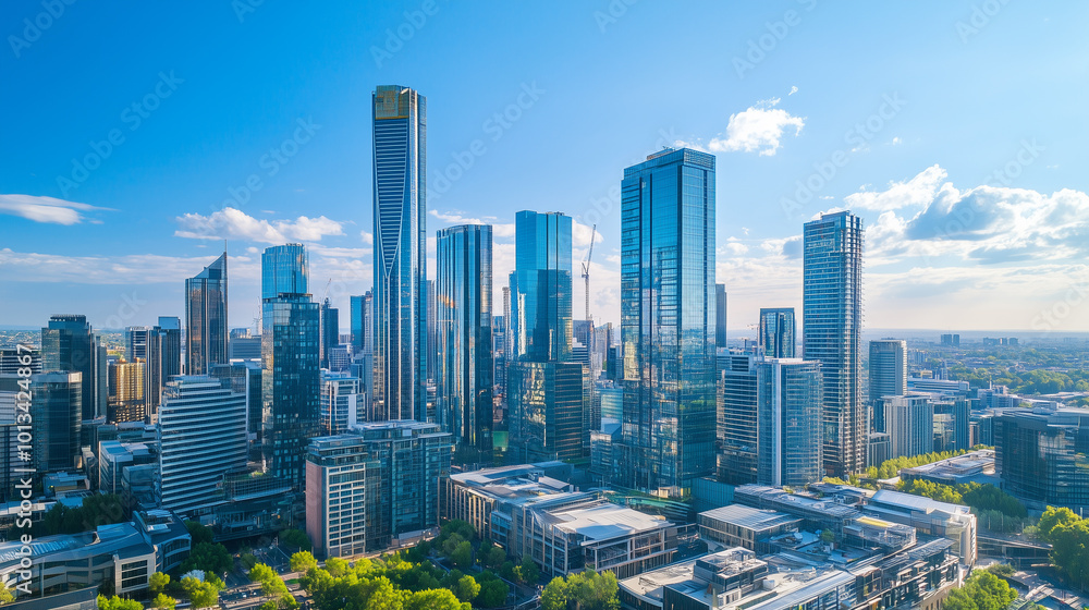 City Skyline and Skyscrapers Under Blue Sky and White Clouds Aerial View City Skyline and Skyscrapers Under Blue Sky and White Clouds Aerial View