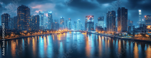 Urban city scape, wide panoramic image of skyscrapers in the evening with shadows on a lake waterfront