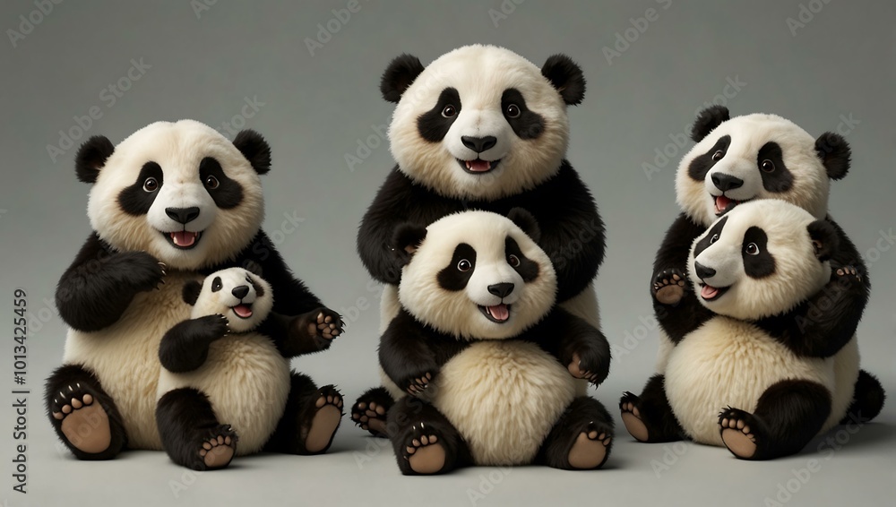 Nine cartoon panda bears in various playful poses and expressions. Nine cartoon panda bears in various playful poses and expressions.