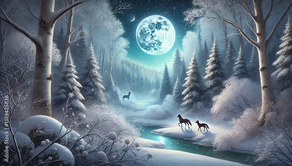 Fototapeta premium A mystical winter forest illuminated by moonlight, with serene wildlife amidst a tranquil snow-covered landscape