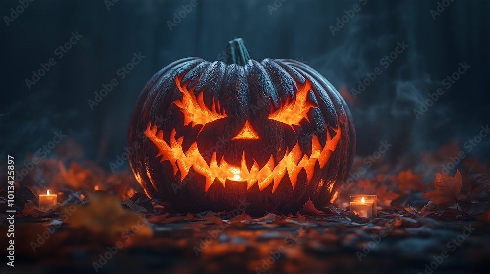Halloween pumpkin, intricately carved with a spooky face Halloween pumpkin, intricately carved with a spooky face