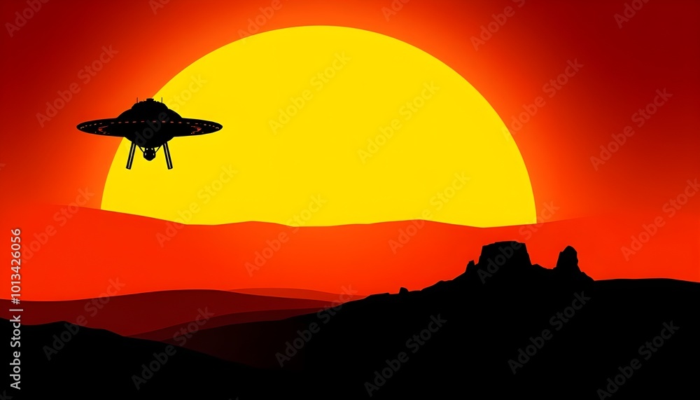 World Science Fiction Day concept with A flying saucer on a dark yellow and orange gradient background. World Science Fiction Day concept with A flying saucer on a dark yellow and orange gradient background.