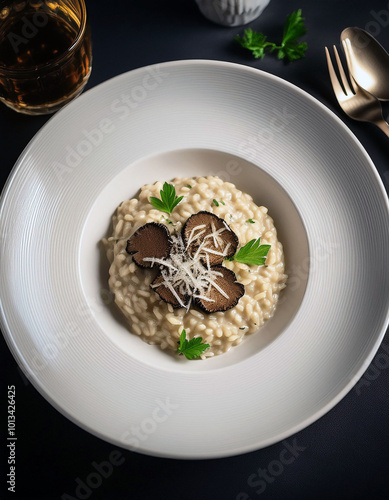 Indulge in creamy truffle risotto, adorned with delicate black truffle slices and parmesan shavings. A culinary masterpiece!