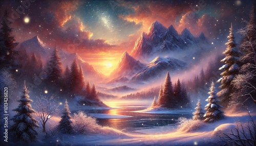 A mystical winter fantasy landscape featuring snow-covered mountains, a serene frozen lake, and a magical sunset casting soft light, with gently falling snow creating a peaceful