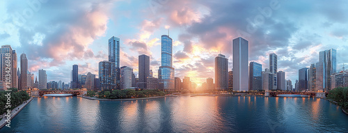 Urban city scape, wide panoramic image of skyscrapers in the evening with shadows on a lake waterfront