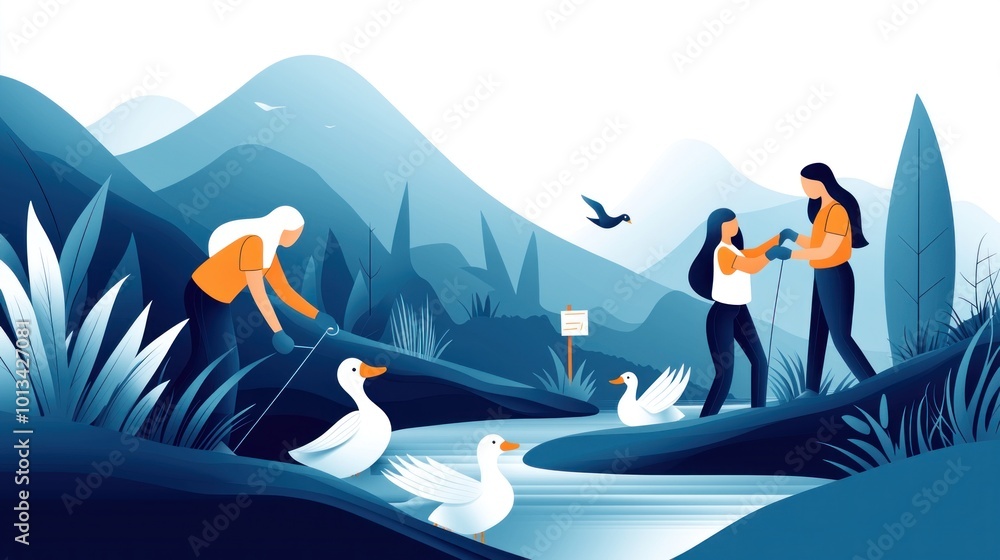Obraz premium Enjoying Nature: Families Connecting with Wildlife in a Scenic Outdoor Setting