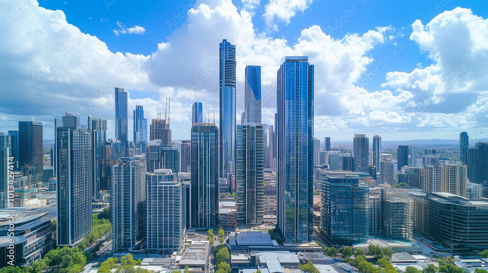 Fototapeta premium City Skyline and Skyscrapers Under Blue Sky and White Clouds Aerial View