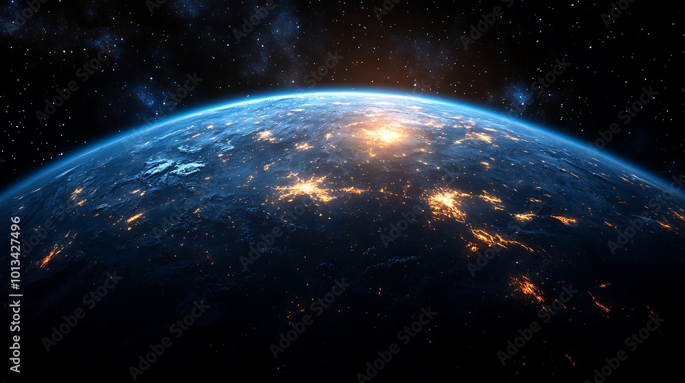 Obraz premium A stunning view of Earth at night, with city lights illuminating the planet from space, against a backdrop of stars.