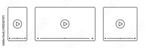 Video player. Media player window. Play video frame vector set. Mobile phone and computer screen online streaming.
