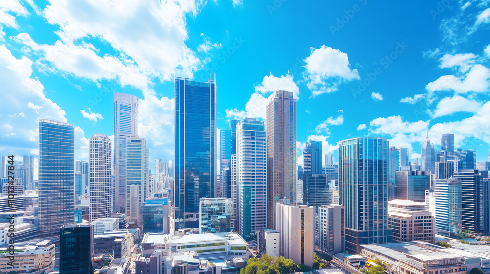 Fototapeta premium City Skyline and Skyscrapers Under Blue Sky and White Clouds Aerial View