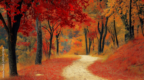Autumn Path Through a Forest of Fiery Red and Orange Leaves