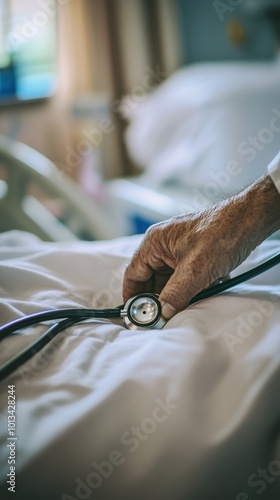 Doctor holding stethoscope checking patient breathing in hospital room