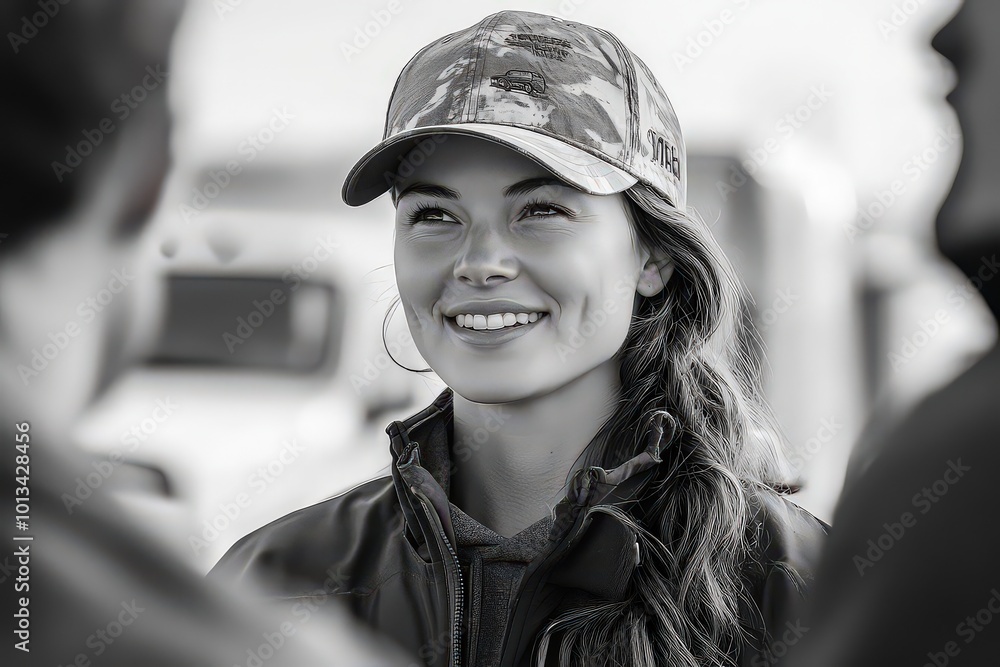 female truck driver chats with fellow drivers at a rest stop, her truck parked in the background, representing camaraderie among truckers and life on the open road. female truck driver chats with fellow drivers at a rest stop, her truck parked in the background, representing camaraderie among truckers and life on the open road.
